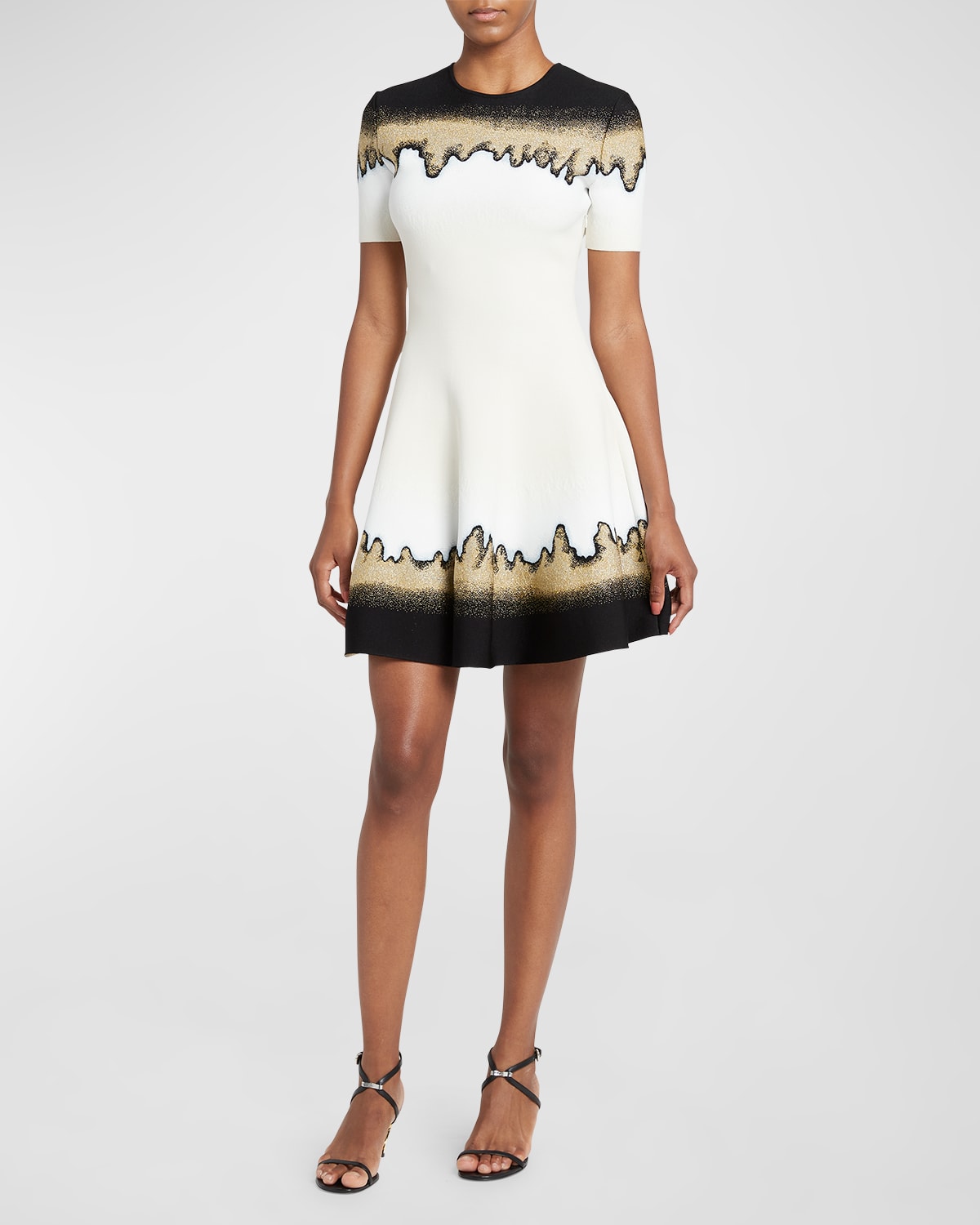 Shop Alexander Mcqueen Metallic Jacquard Short-sleeve Mini Dress In Creamblk