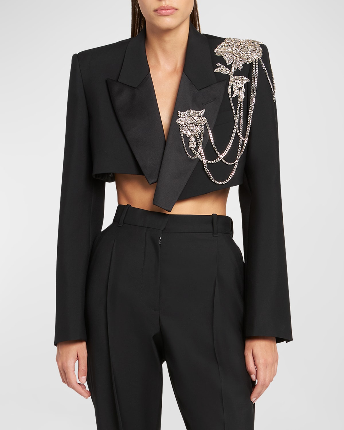 Alexander Mcqueen Crystal Chain Embellished Crop Tuxedo Jacket In