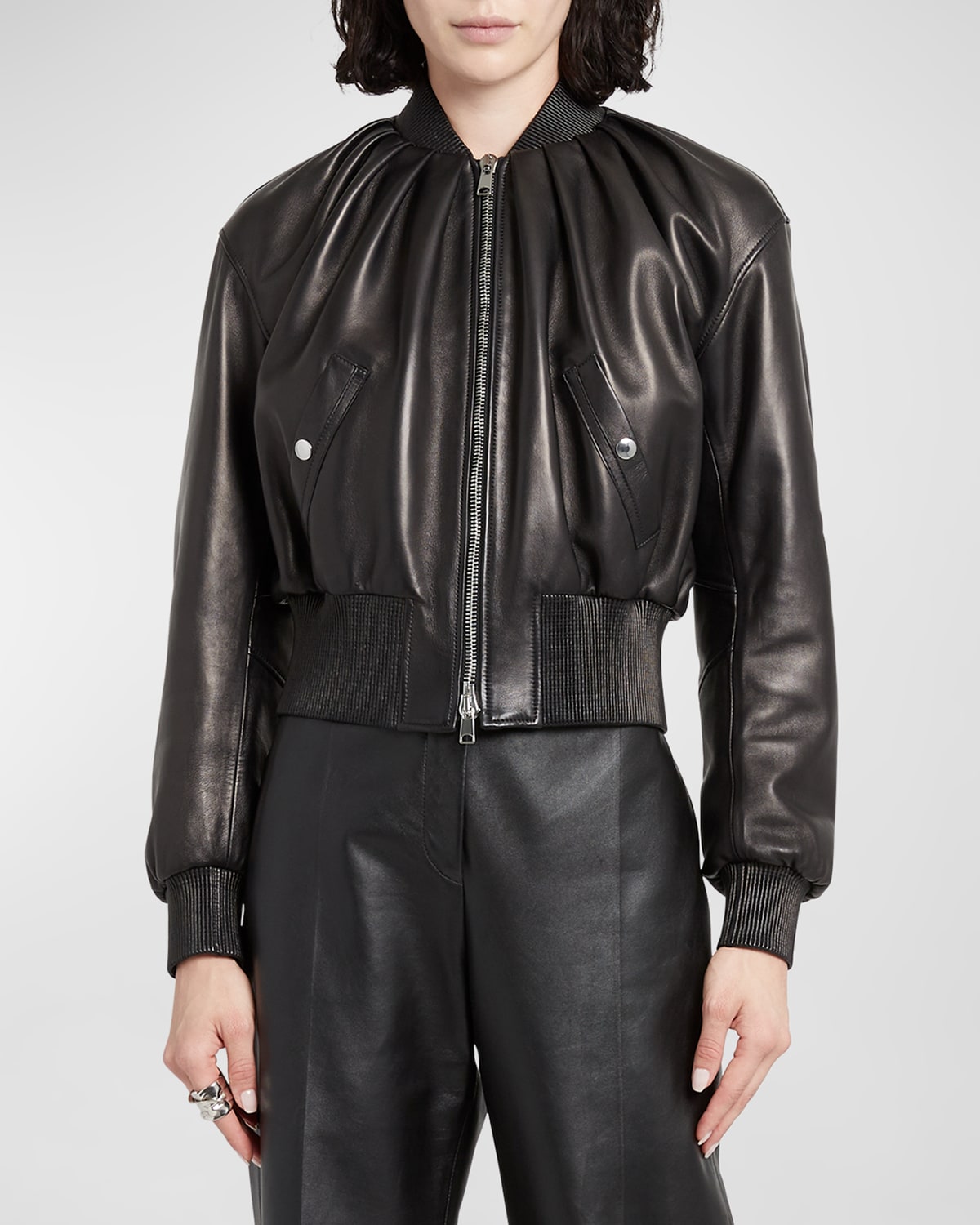 Shop Alexander Mcqueen Ruched Leather Crop Bomber Jacket In Black