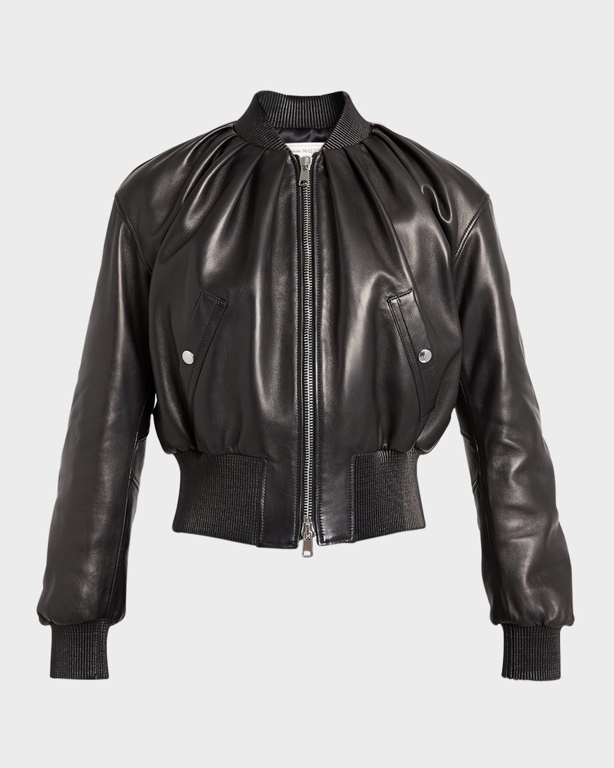 Alexander Mcqueen Ruched Leather Crop Bomber Jacket In Black