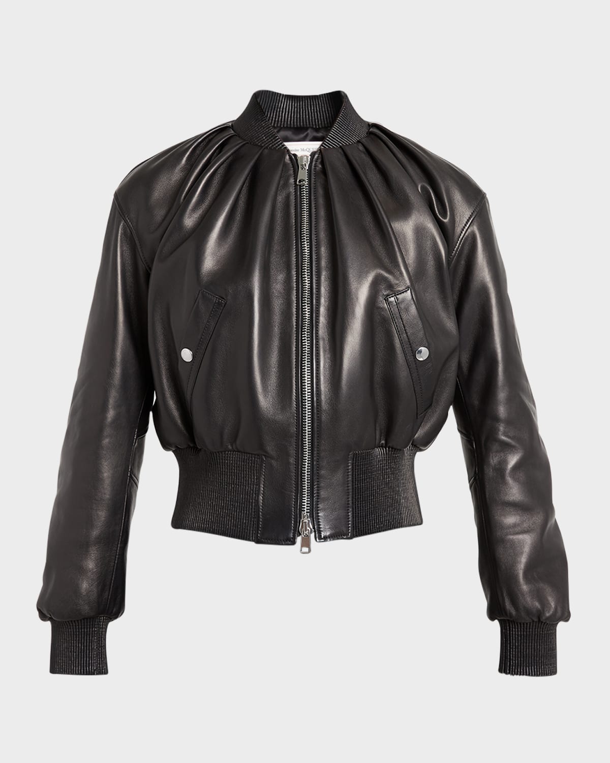 Shop Alexander Mcqueen Ruched Leather Crop Bomber Jacket In Black