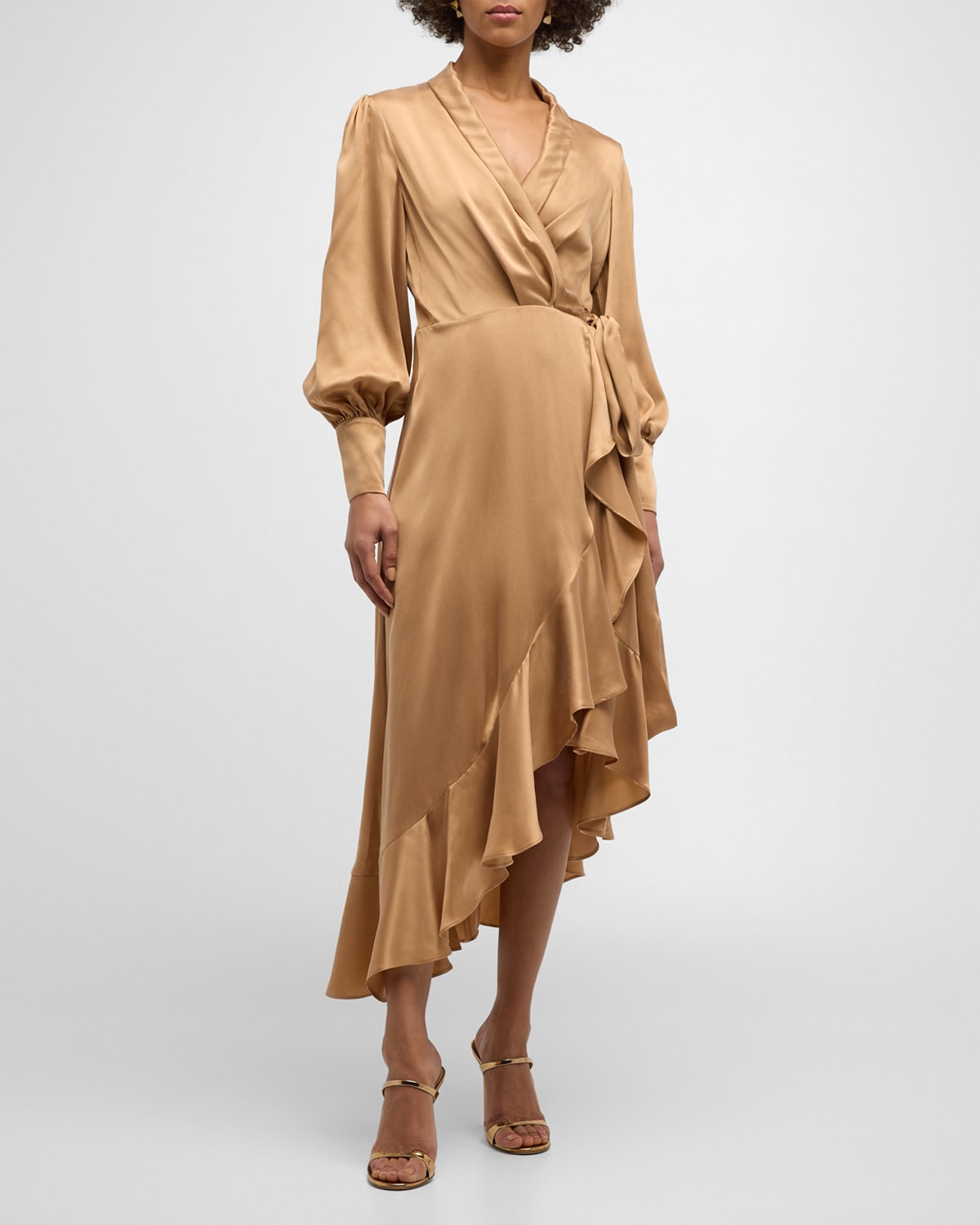 Shop Zimmermann Silk Wrap Midi Dress In Sand