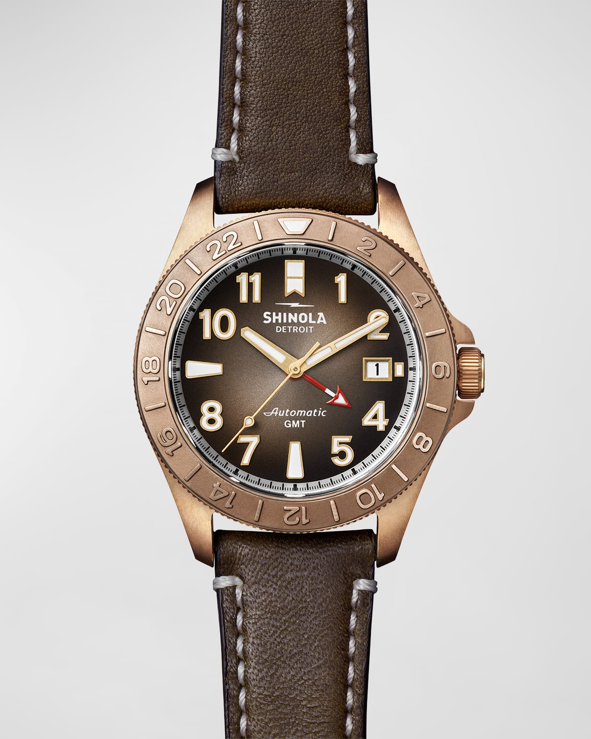 SHINOLA MEN'S BRONZE AUTOMATIC GMT WATCH WITH LEATHER AND NYLON STRAPS