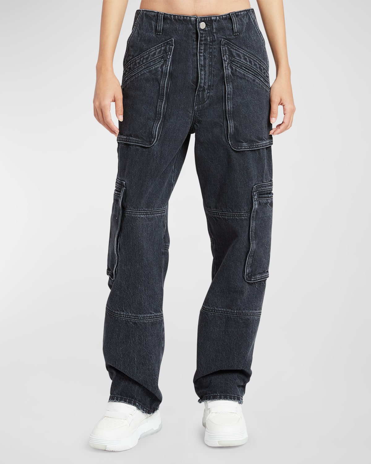 High-Rise Wide-Leg Denim Cargo Pants