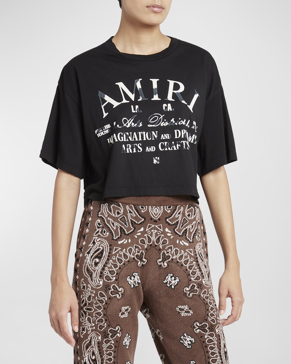 Shop Amiri Distressed Logo Arts District-print Short-sleeve Crop T-shirt In Black