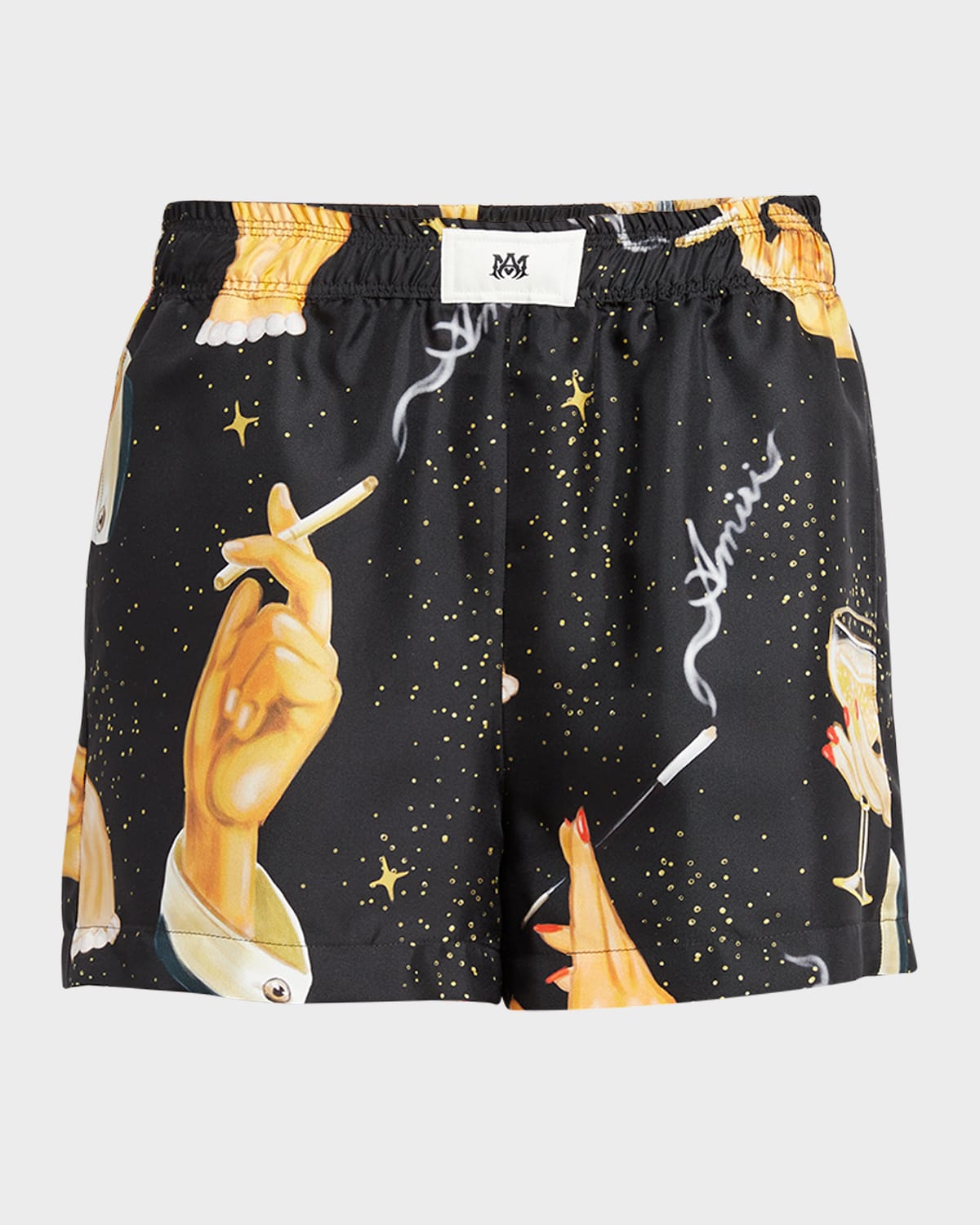 Shop Amiri Champagne-print Silk Boxer Shorts In Black