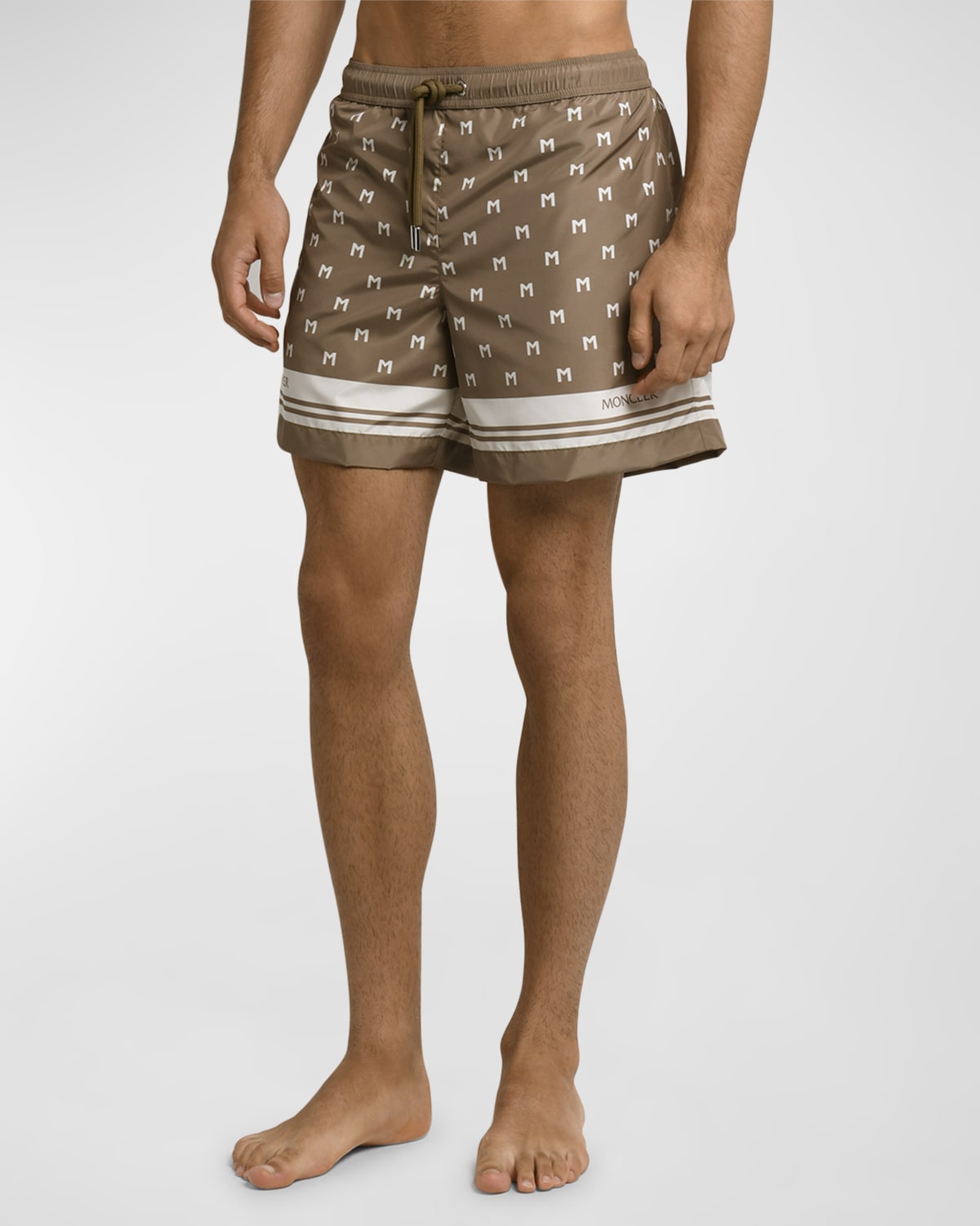 Shop Moncler Men's M-print Swim Shorts In Beige