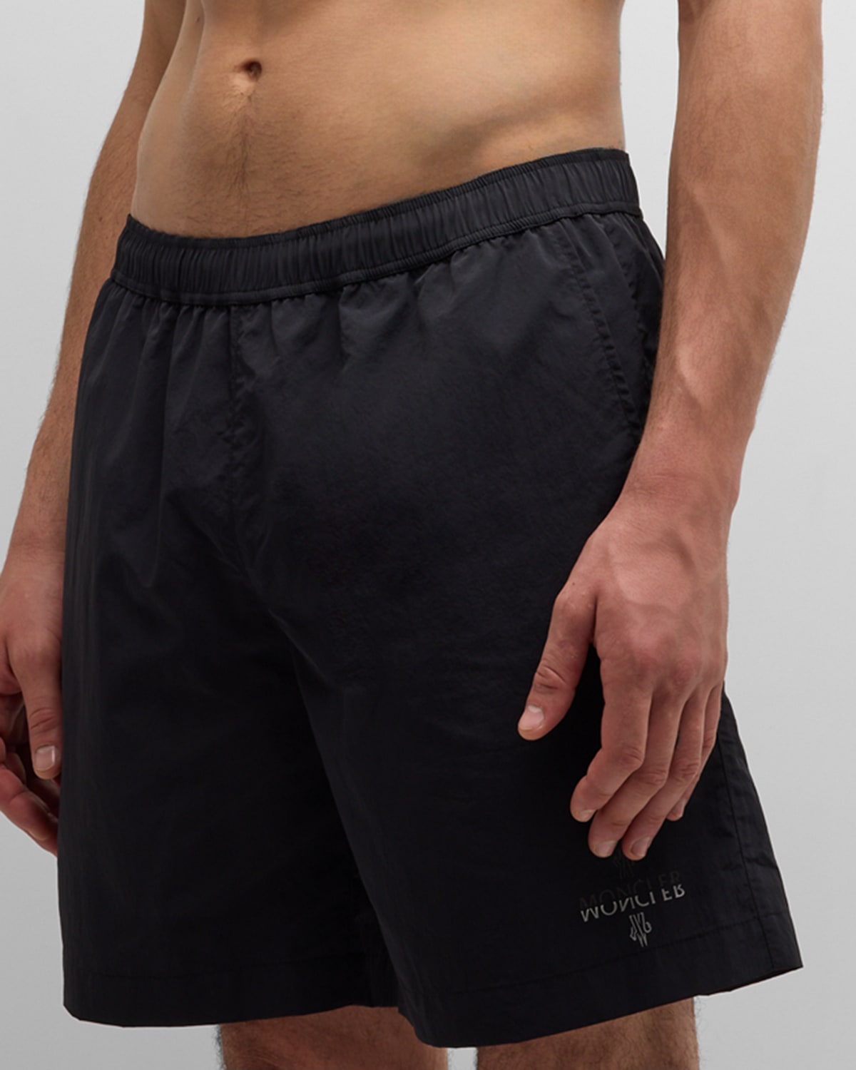 Moncler Men's Long Logo Swim Shorts In Black
