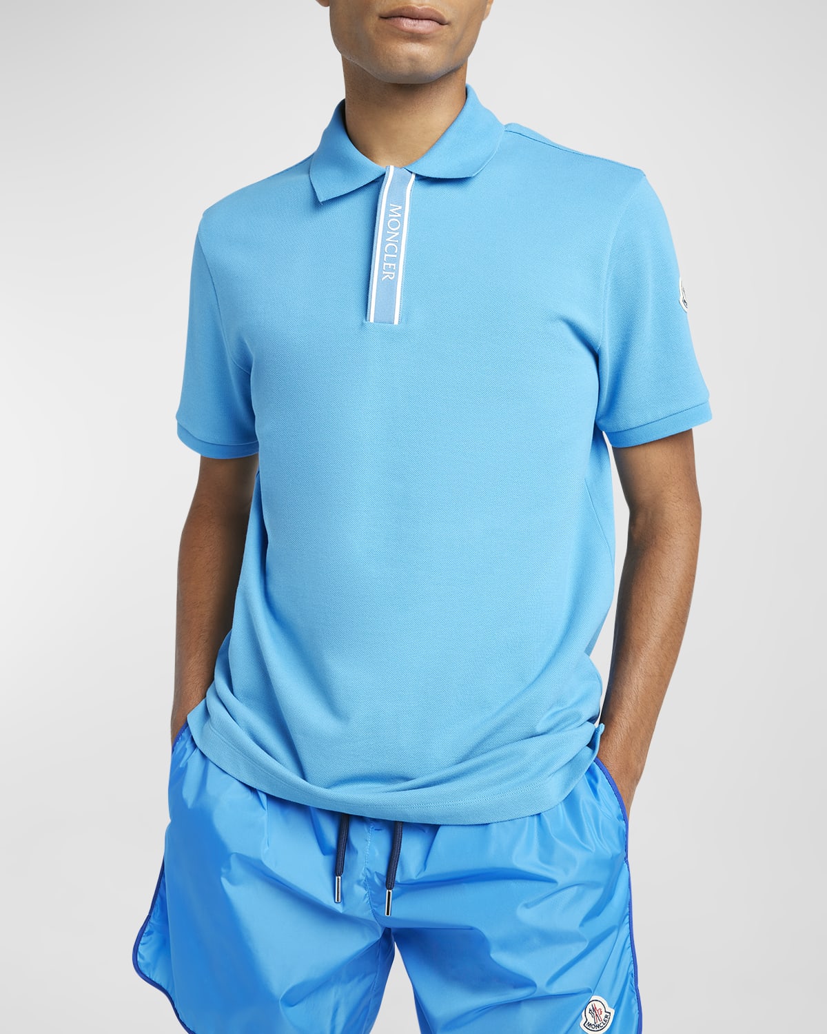 Shop Moncler Men's Logo Placket Polo Shirt In Open Blue