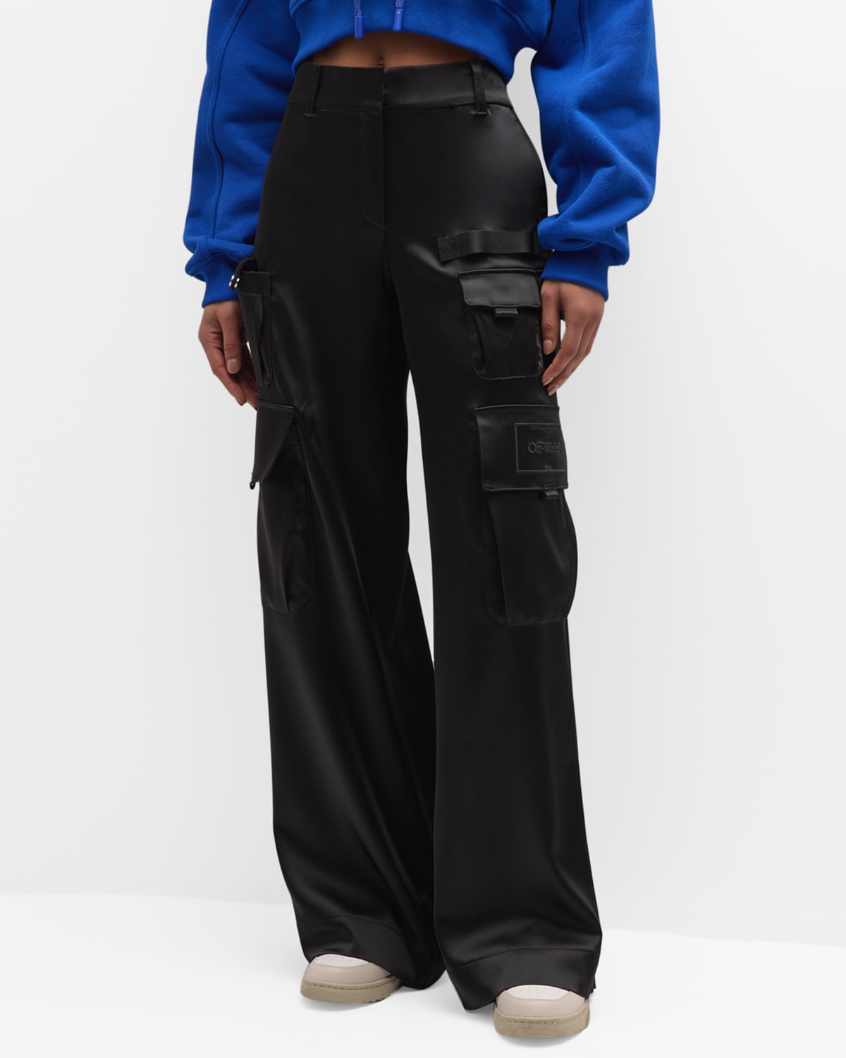Off-white High-rise Wide-leg Satin Toybox Cargo Trousers In Black