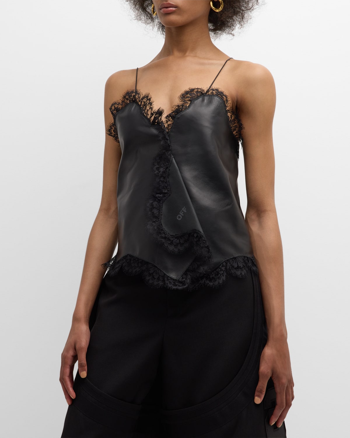 Shop Off-white Off-stamp Lace-trim Nappa Leather Cami Top In Black