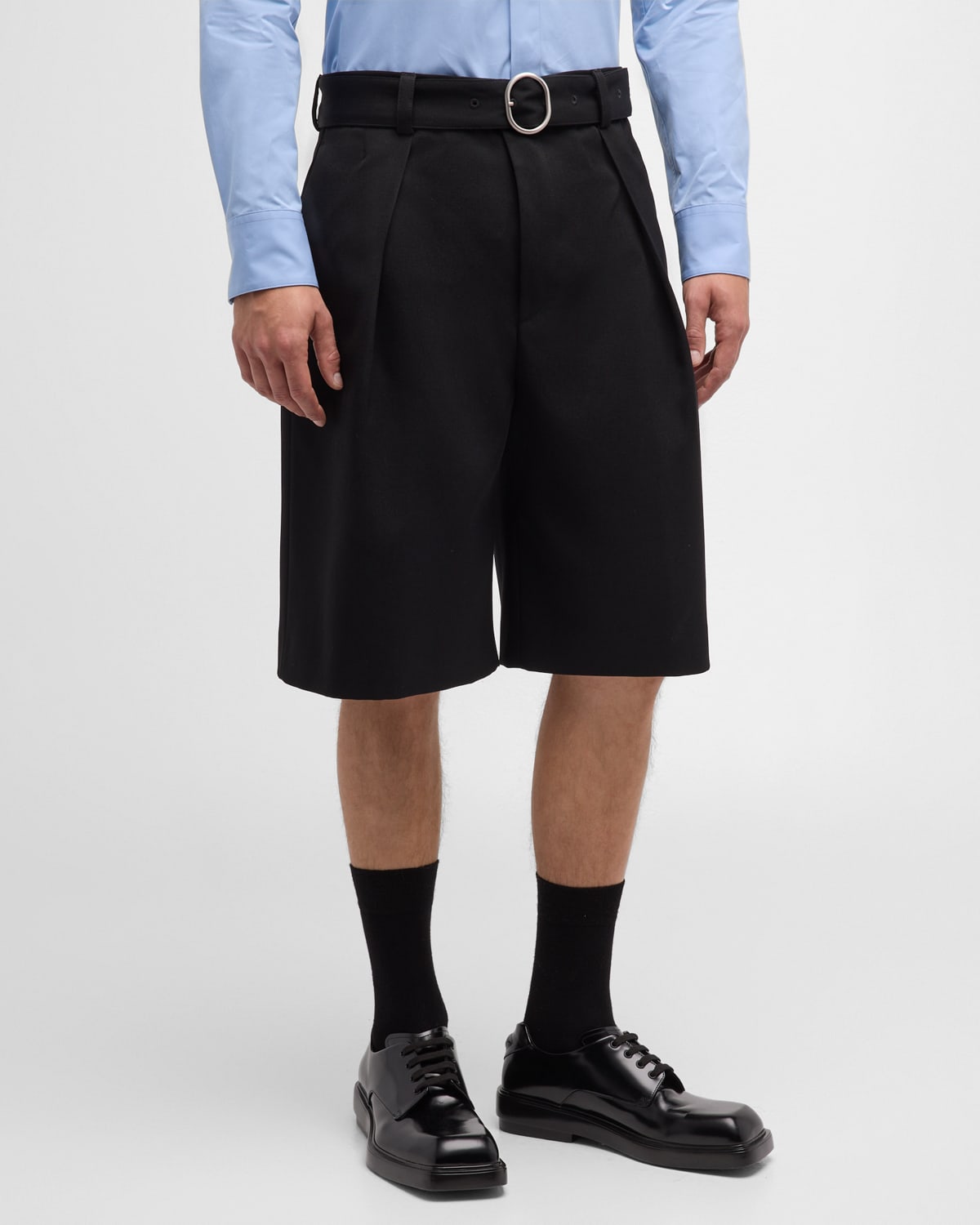 Shop Jil Sander Men's Belted Wool Shorts In Black