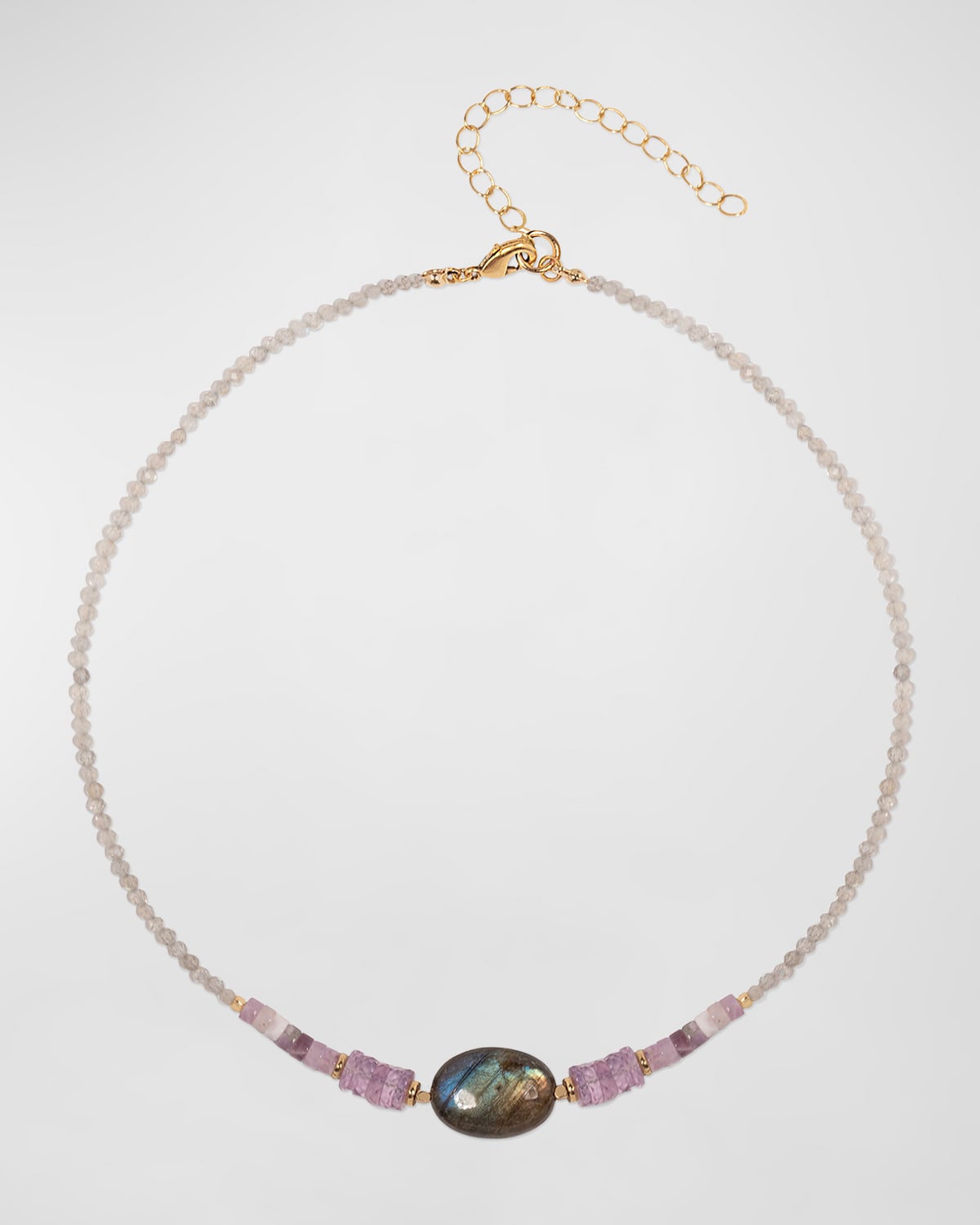 Sequin Beaded Labradorite, Lepidolite And Amethyst Necklace In Multi
