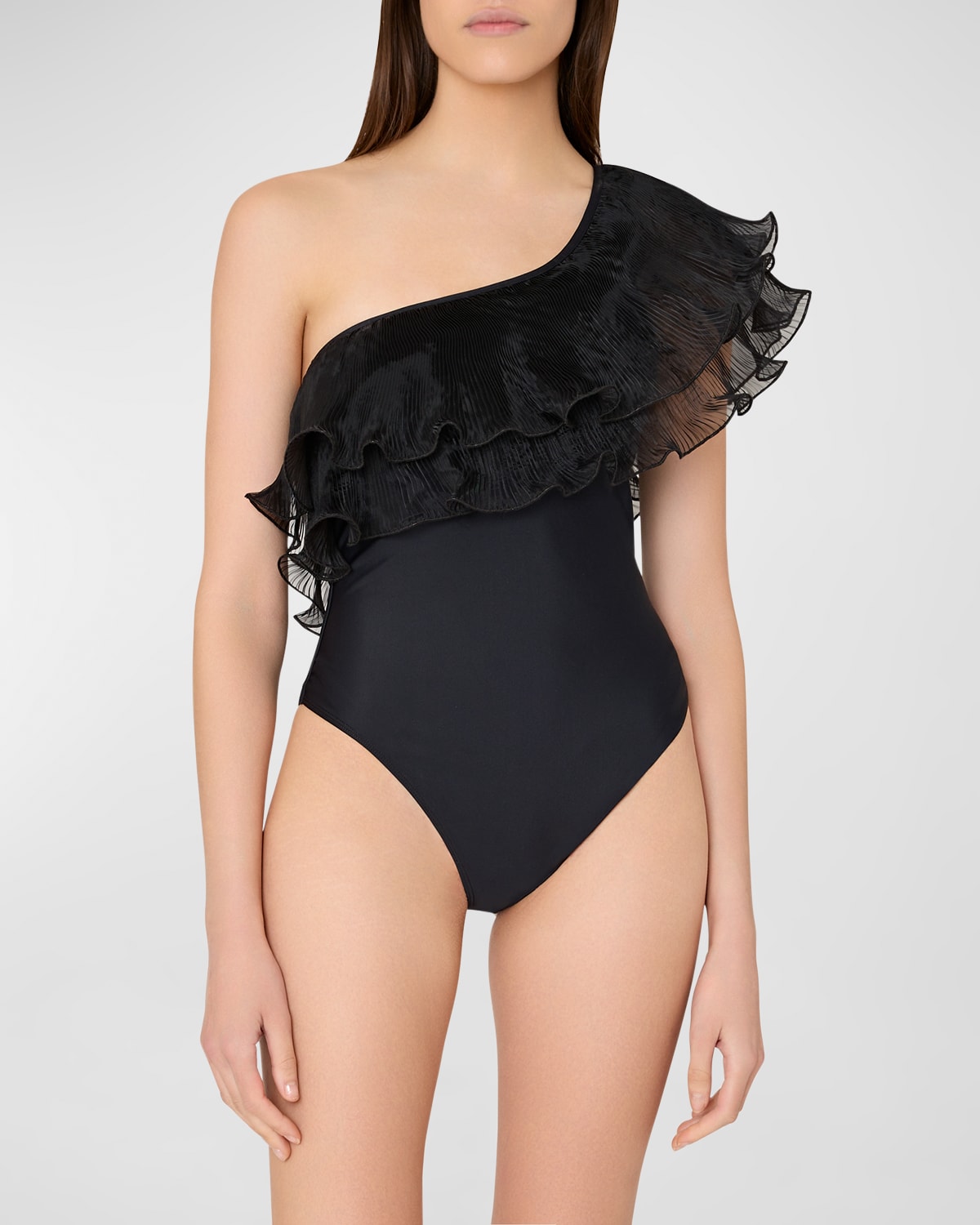 Pleated Organza One-Shoulder One-Piece Swimsuit