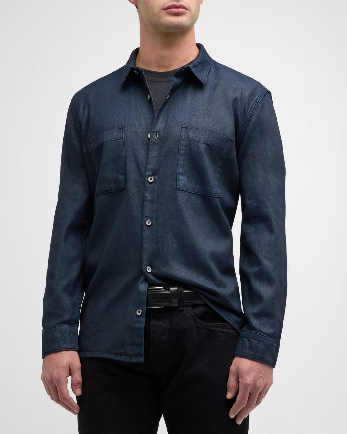 Shop John Varvatos Men's Cole Coated Denim Button-down Shirt In Officer Blue