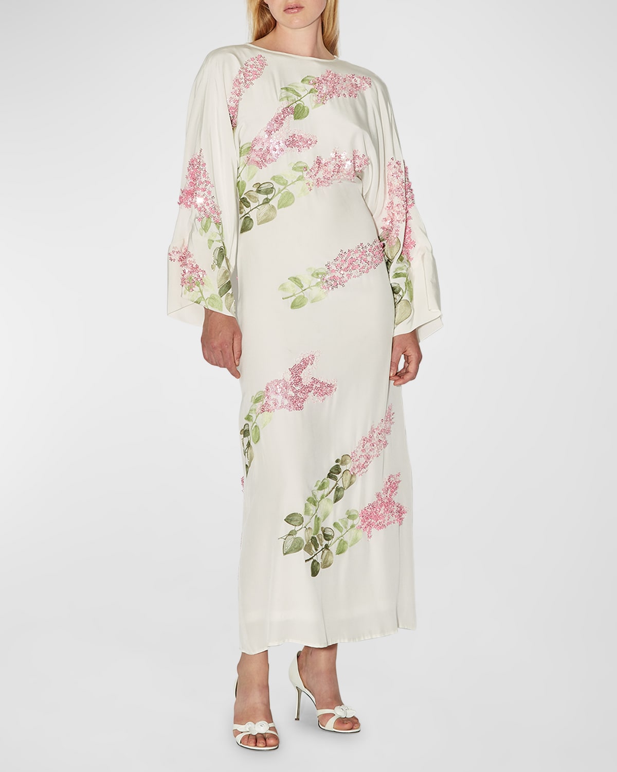 Shop Bernadette Emmanuelle Sequined Floral-print Long-sleeve Backless Maxi Dress In Pink Lilacs Embroidery On Ivory