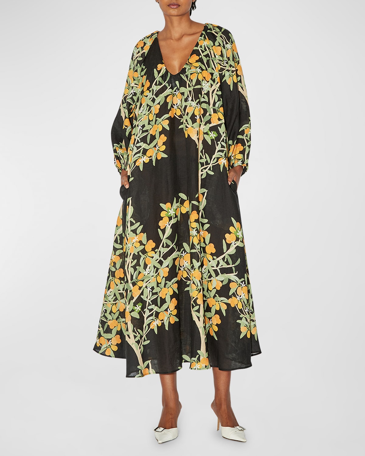 Shop Bernadette Flower Printed Linen Maxi Dress In Kumquat  Black