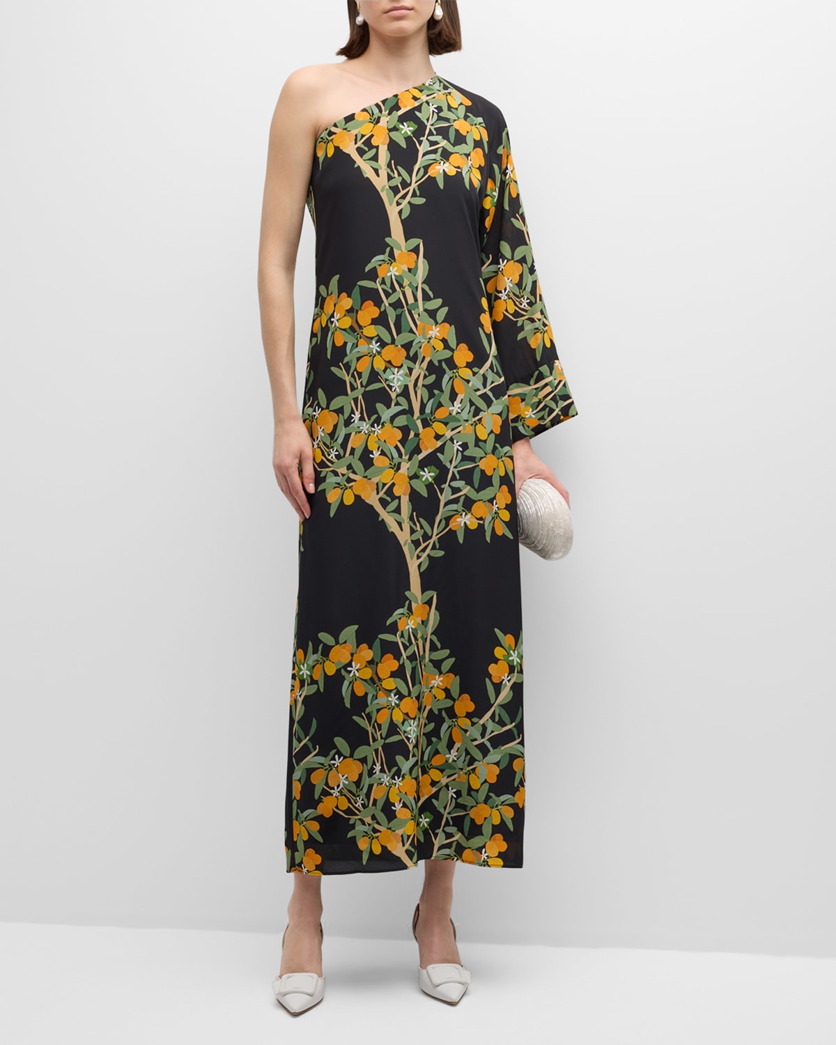 Shop Bernadette Lola One-shoulder Kumquat Print Midi Dress In Kumquat Black