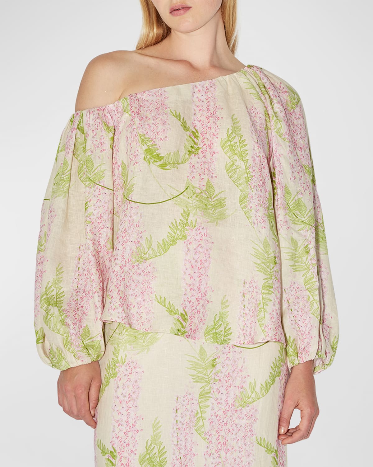 Shop Bernadette Raquel Floral-print Off-the-shoulder Linen Top In Wisteria Small Pink On Beige