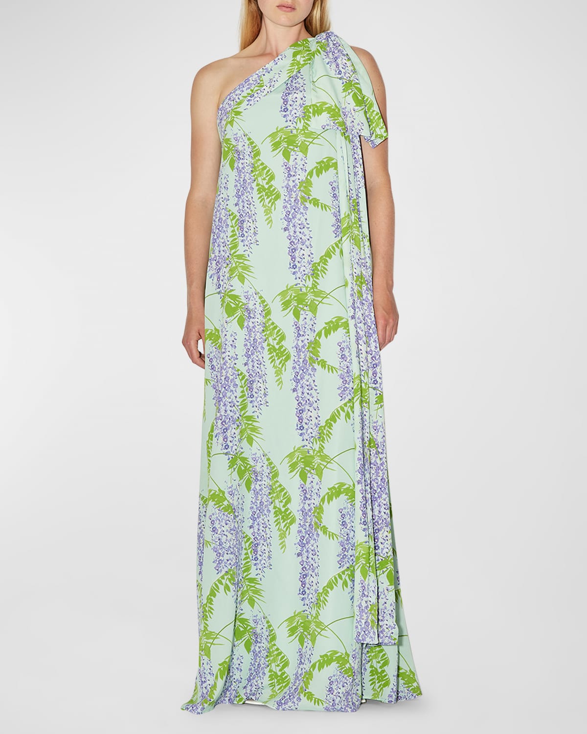 Shop Bernadette Gala One-shoulder Wisteria Printed Maxi Dress With Bow Detail In Wisteria Small Purple On Mint