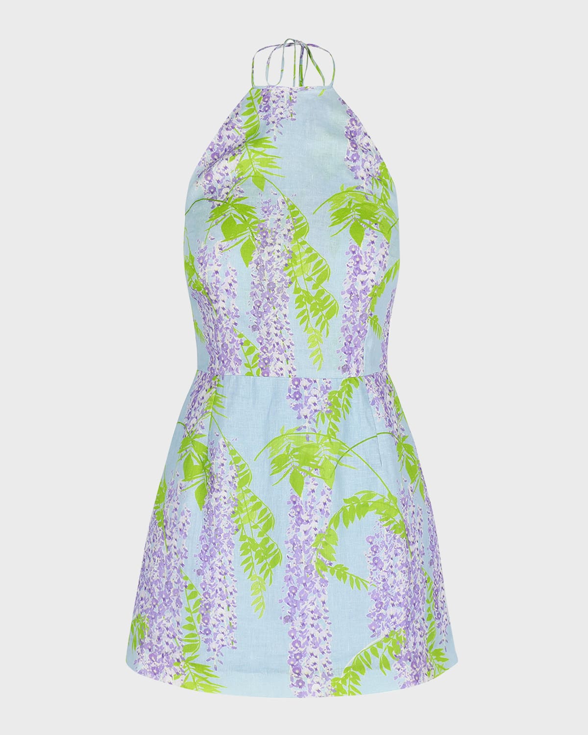 Shop Bernadette Delilah Floral-print Linen Backless Mini Dress In Wisteria Small Purple On Blue