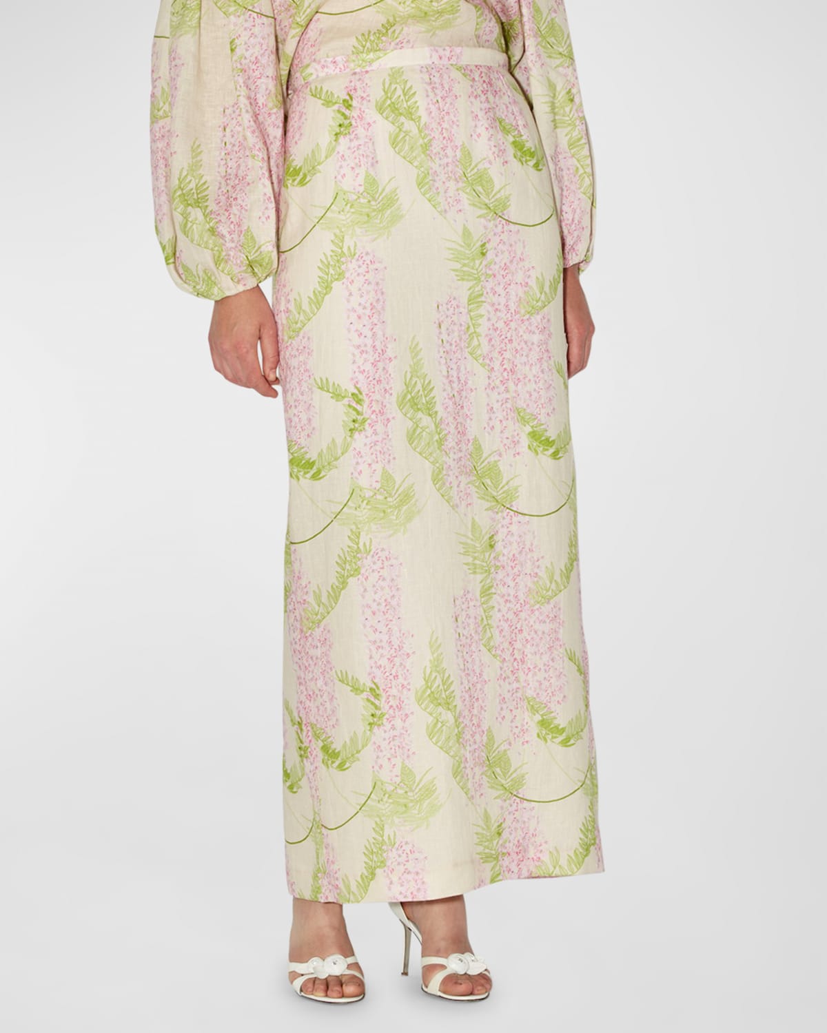 Shop Bernadette Norma Floral-print Linen Maxi Skirt In Wisteria Small Pink On Beige