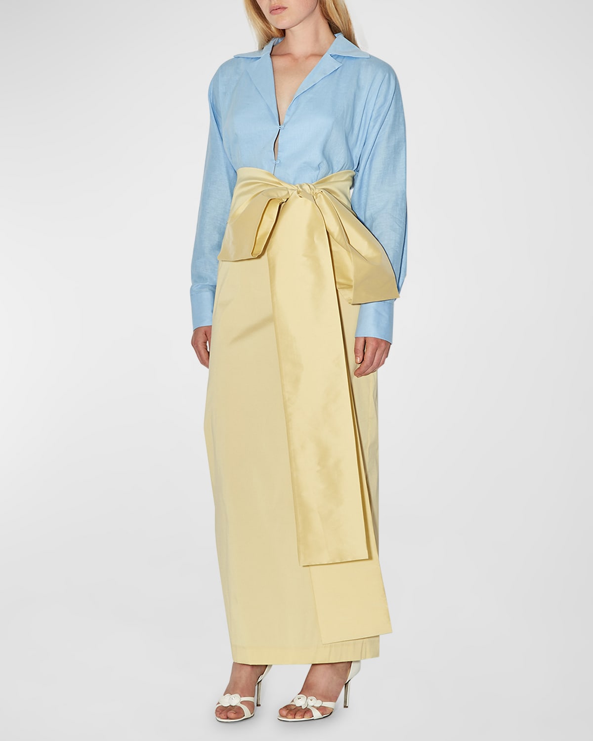 Shop Bernadette Claire Contrast Gown With Bow Detail In Dirty Blue  Soft Yellow