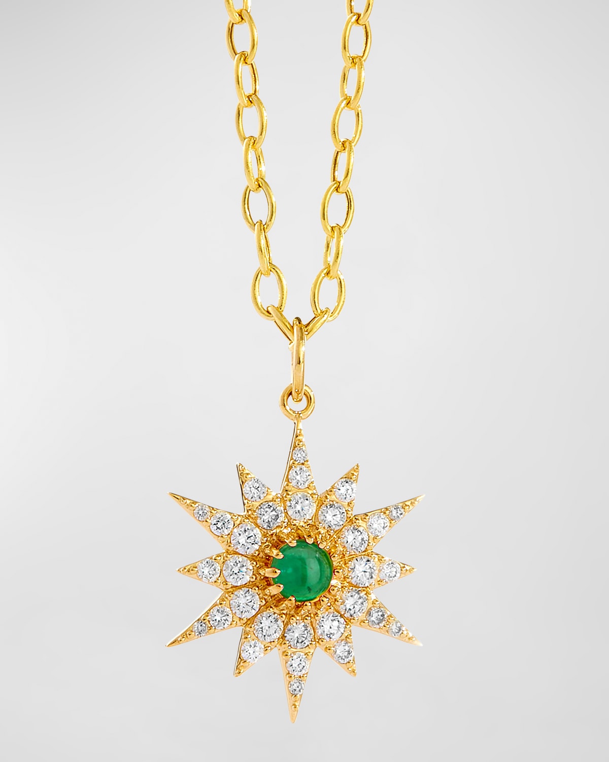 SYNA 18K YELLOW GOLD COSMIC STARBURST PENDANT NECKLACE WITH EMERALD AND DIAMONDS