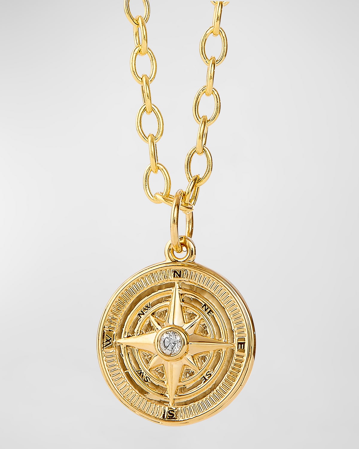 SYNA 18K YELLOW GOLD COSMIC MARITIME COMPASS PENDANT NECKLACE WITH DIAMOND BEZEL