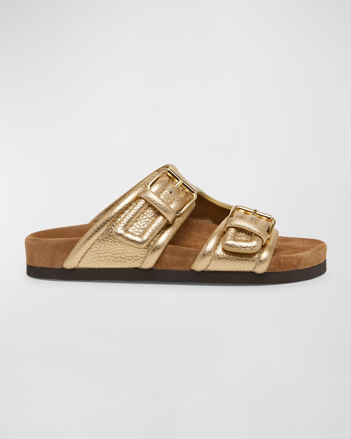 Shop Valentino Anywhere Metallic Dual-buckle Slide Sandals In Star Gold/sigaro