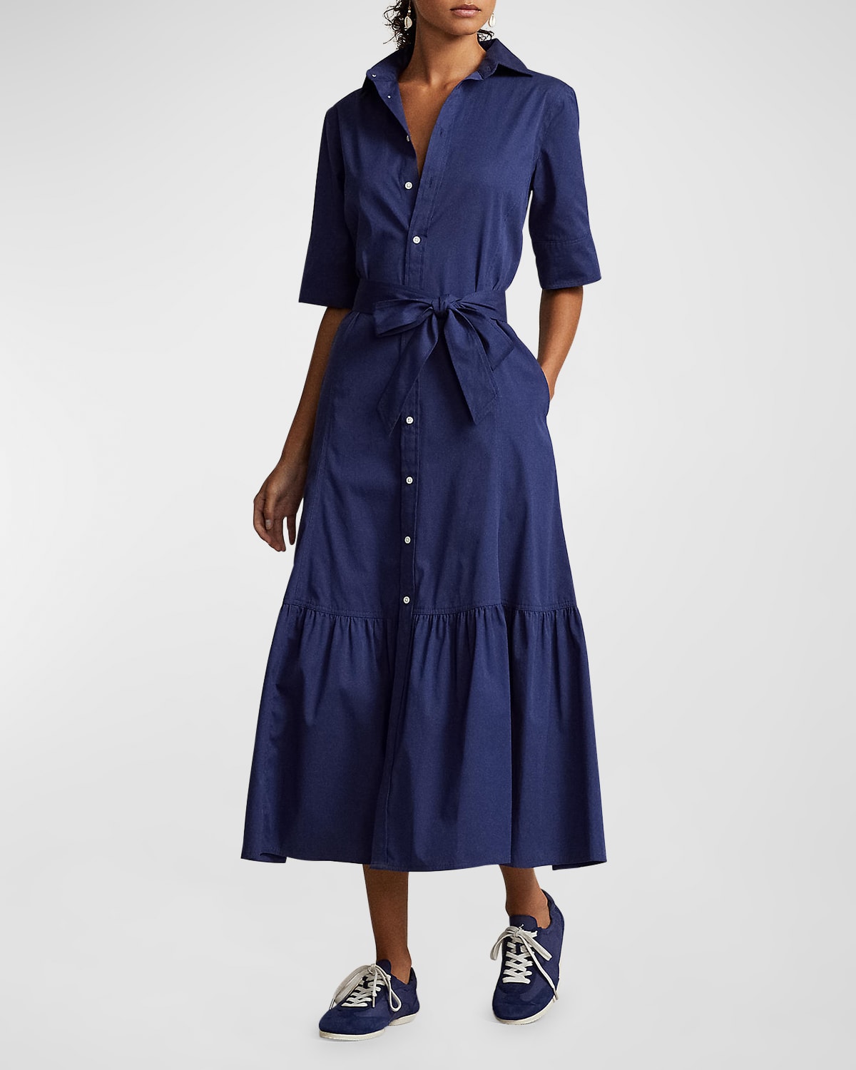 Shop Polo Ralph Lauren Tiered Cotton Midi Shirtdress In Midnight Royal