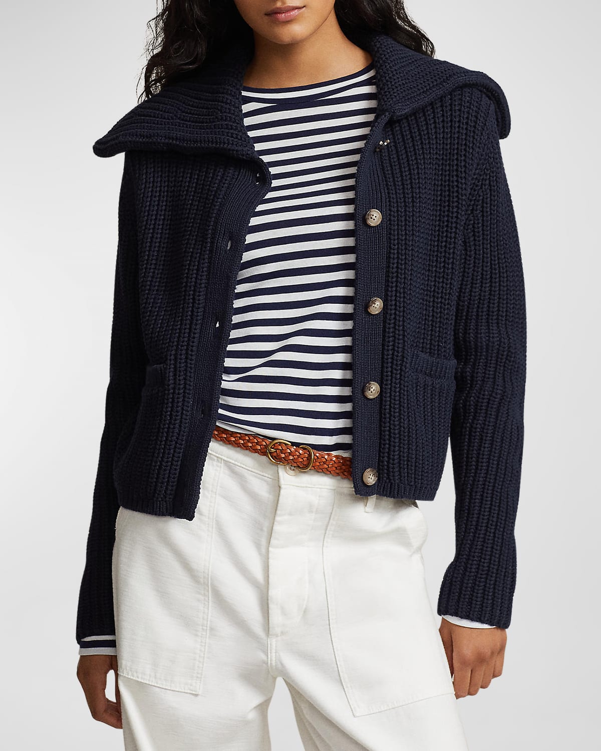 Polo Ralph Lauren Rib-knit Cotton Collared Cardigan In Hunter Navy