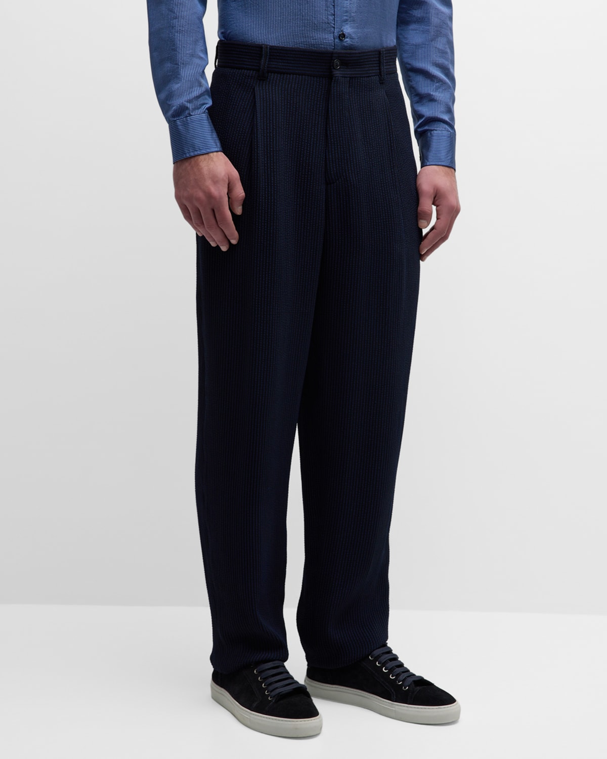 Shop Giorgio Armani Men's Loose-fit Seersucker Pants In Black