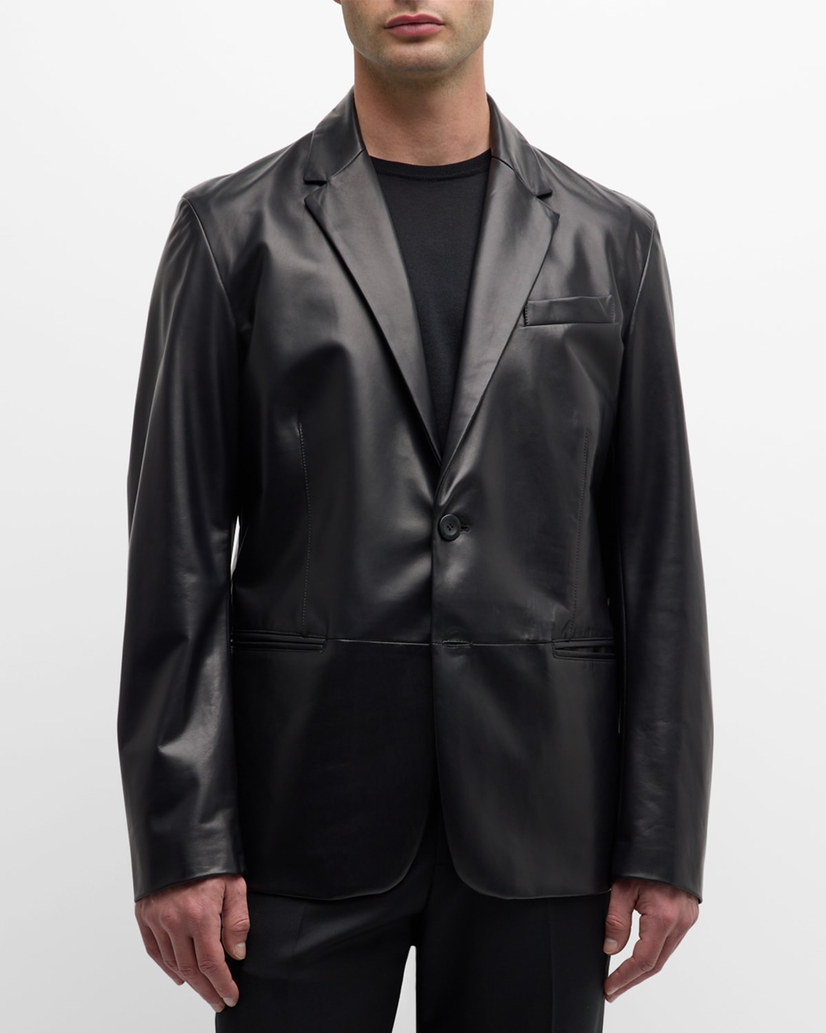 Shop Giorgio Armani Men's Lambskin Leather Blazer In Black