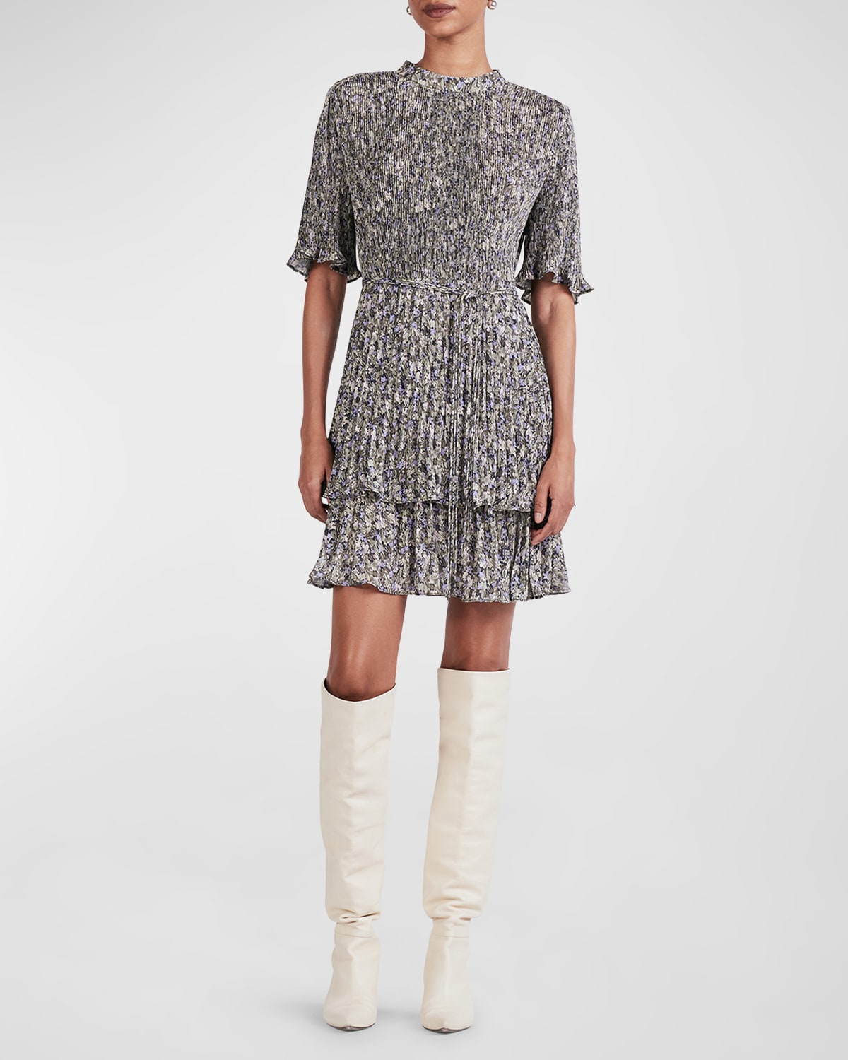 Shop Derek Lam 10 Crosby Samantha Pleated A-line Mini Dress In Sage Multi