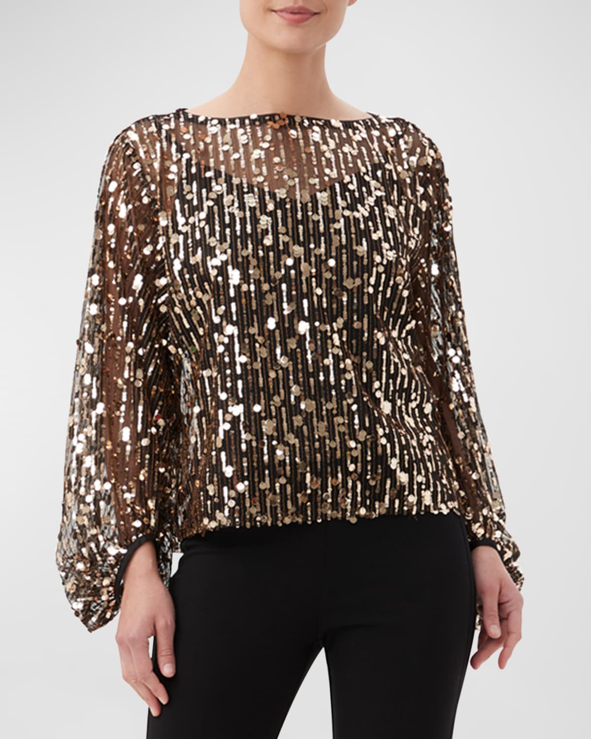 Shop Trina Turk Ursa Sheer Blouson-sleeve Sequin Top In Black/gold