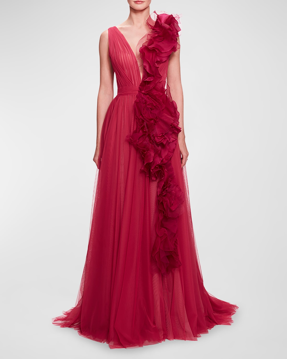 MARCHESA CASCADING FLORAL RUFFLE PLUNGING TULLE GOWN