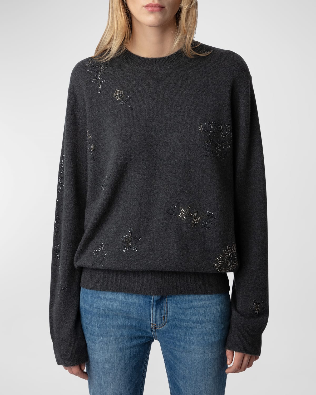 Shop Zadig & Voltaire Pravis Embellished Cashmere Sweater In Kaki Slate