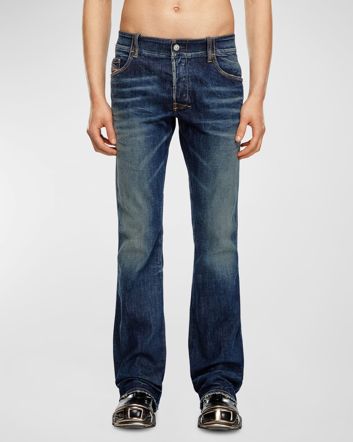 Shop Diesel Men's Bootcut Jeans With Back Buckle In Blue Denim