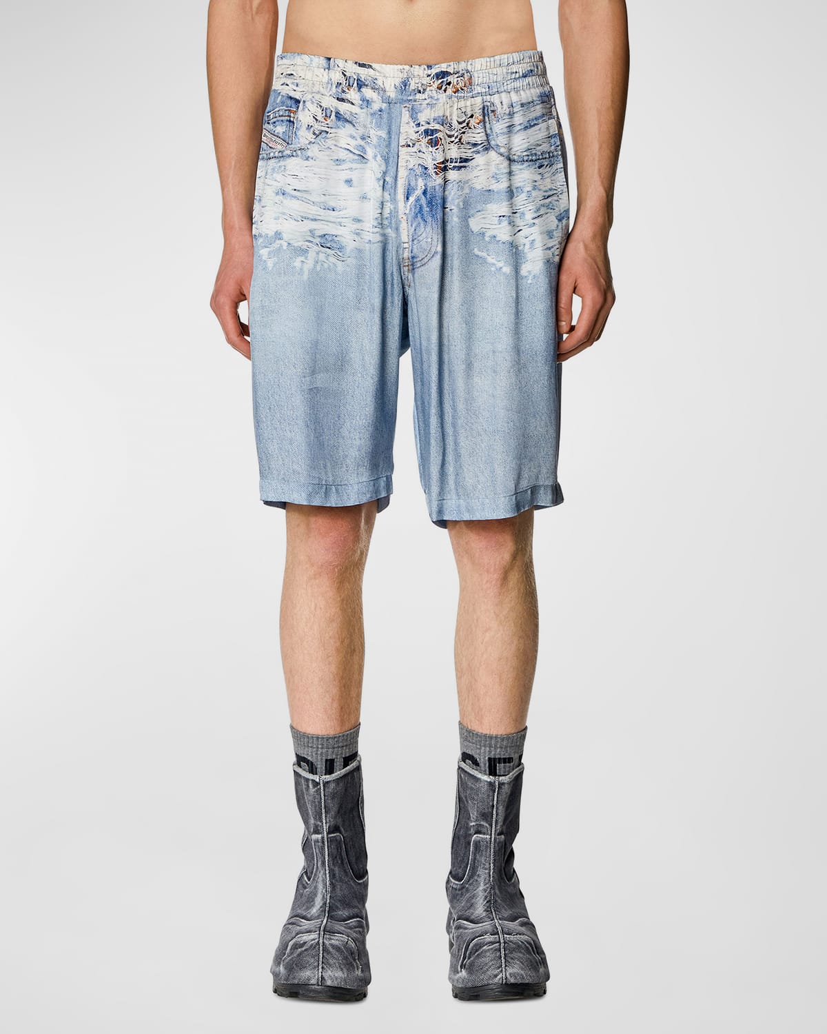 Shop Diesel Men's P-alston Printed Pull-on Shorts In Blue Denim