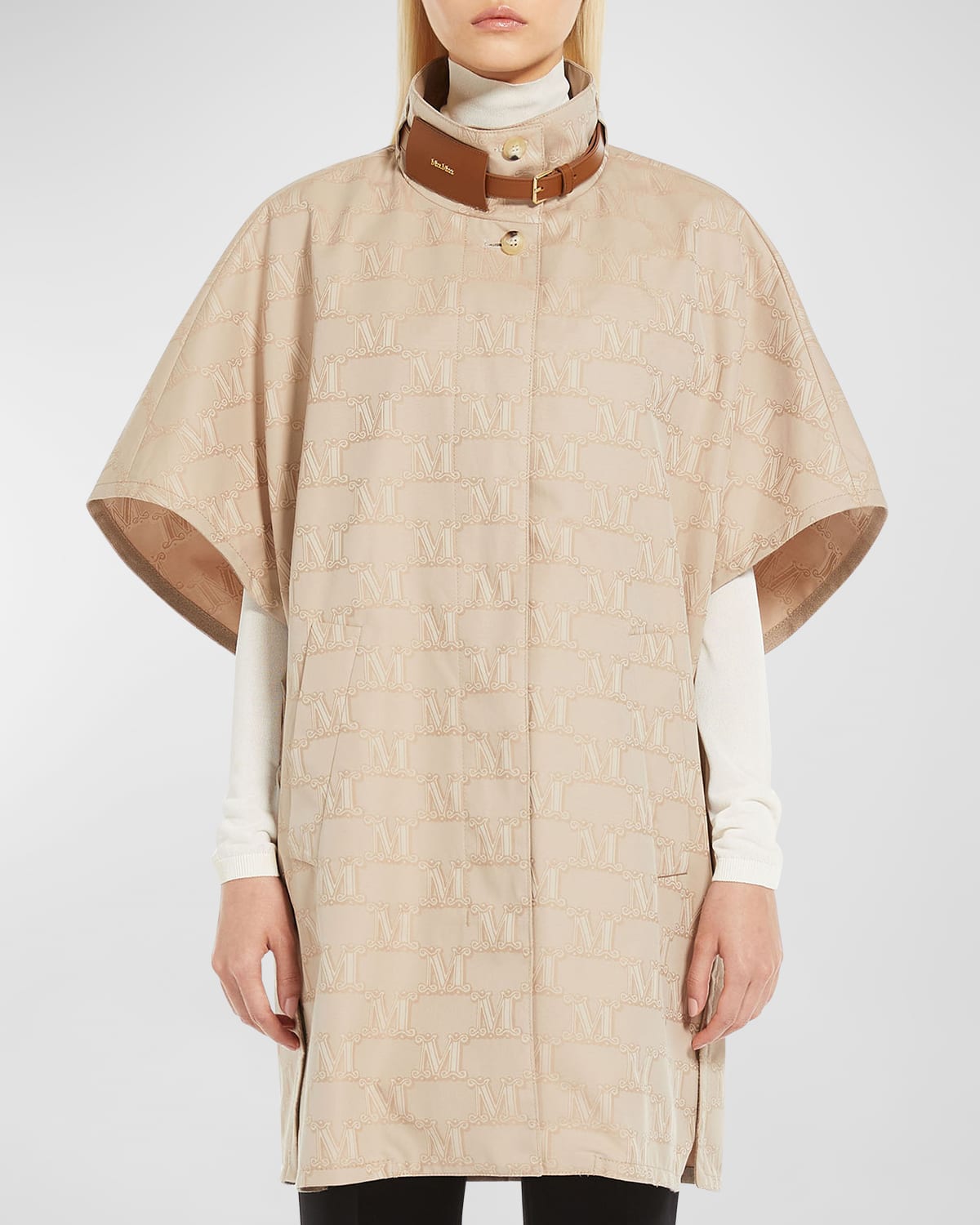 Shop Max Mara Kiss Monogram Cape With A Belted Collar In Beige