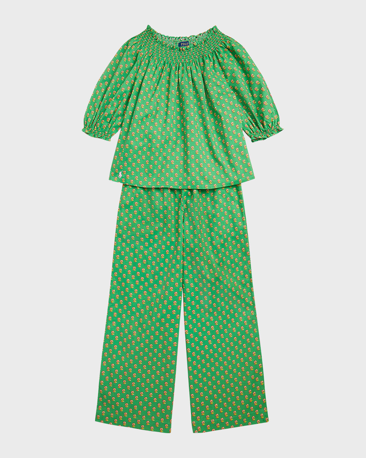 Ralph Lauren Kids' Girl's Floral Smocked Cotton Top And Pant Set In Preppy Woodblock