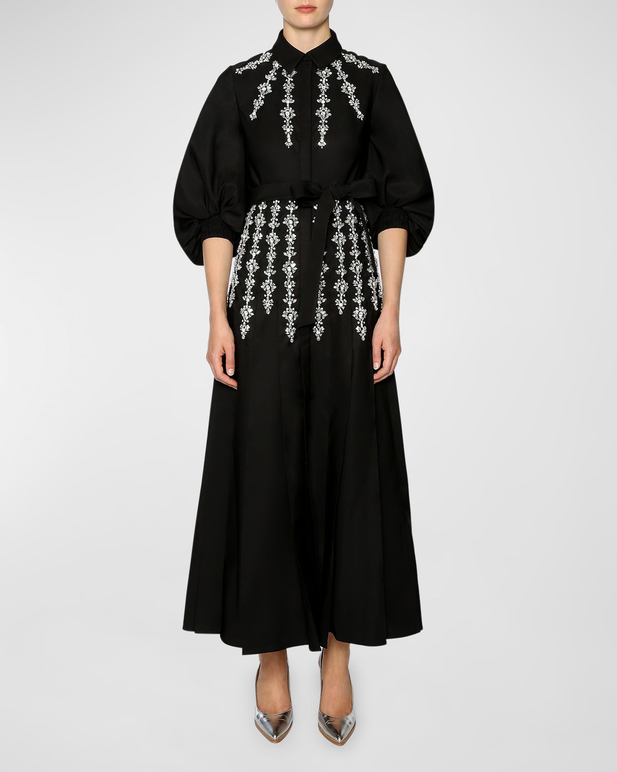 Huishan Zhang Yara Crystal Embellished Puff-sleeve Maxi Shirtdress In Black
