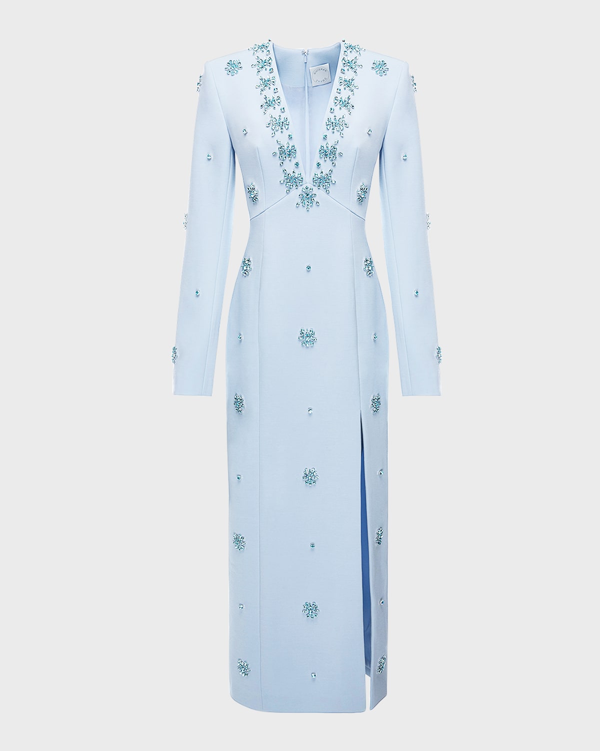 Huishan Zhang Aurore Plunging Crystal-embellished Long-sleeve Slit-hem Gown In Sky Blue