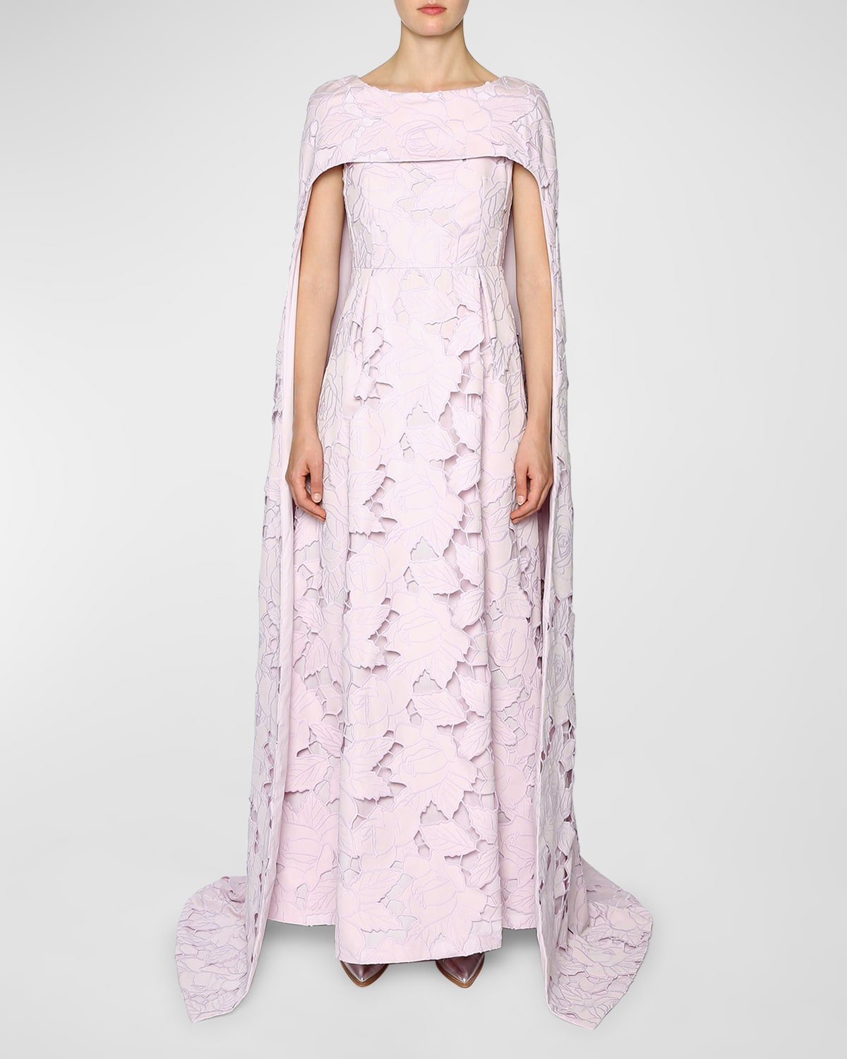 Huishan Zhang Drew Floral Embroidered Lace Cape Gown In Lavendar Ice