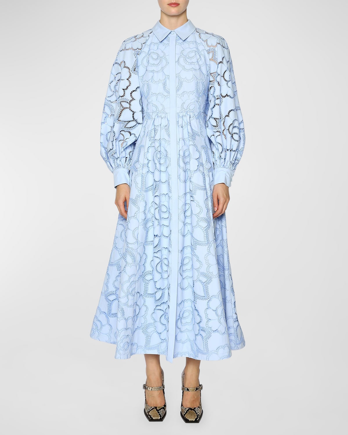Huishan Zhang Lilli Floral Lace Blouson-sleeve Maxi Shirtdress In Sky Blue