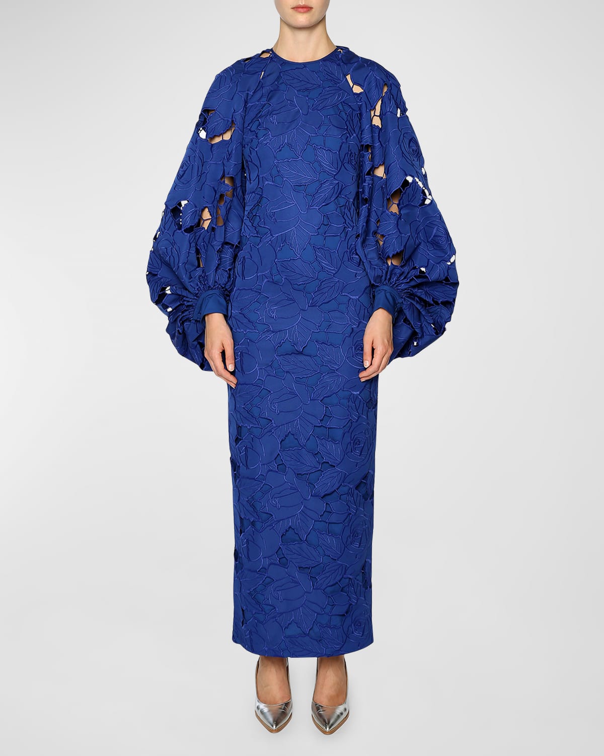 Huishan Zhang Aire Balloon-sleeve Lace Column Gown In Royal Blue