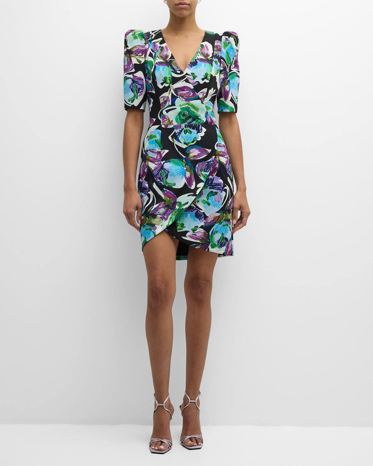 Shop Black Halo Neyda Floral-print Puff-sleeve Mini Dress In Secret Grove