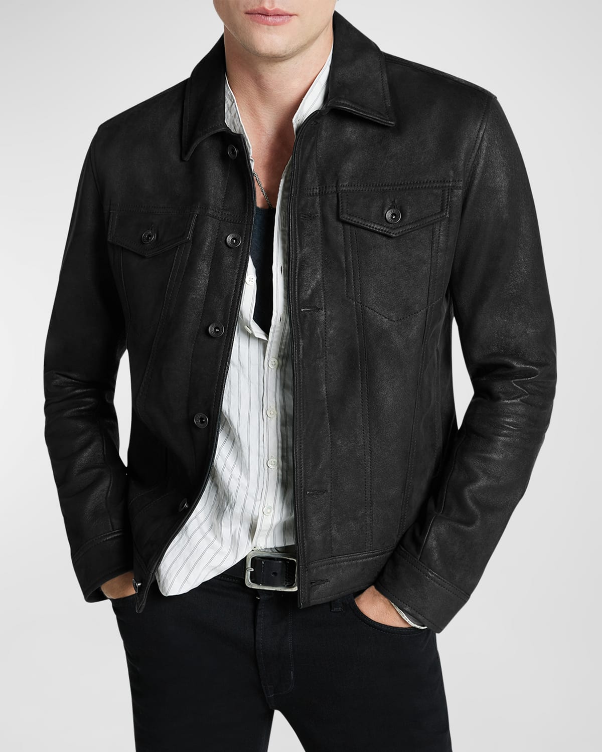 John Varvatos Andrew Sheepskin Leather Trucker Jacket In Black