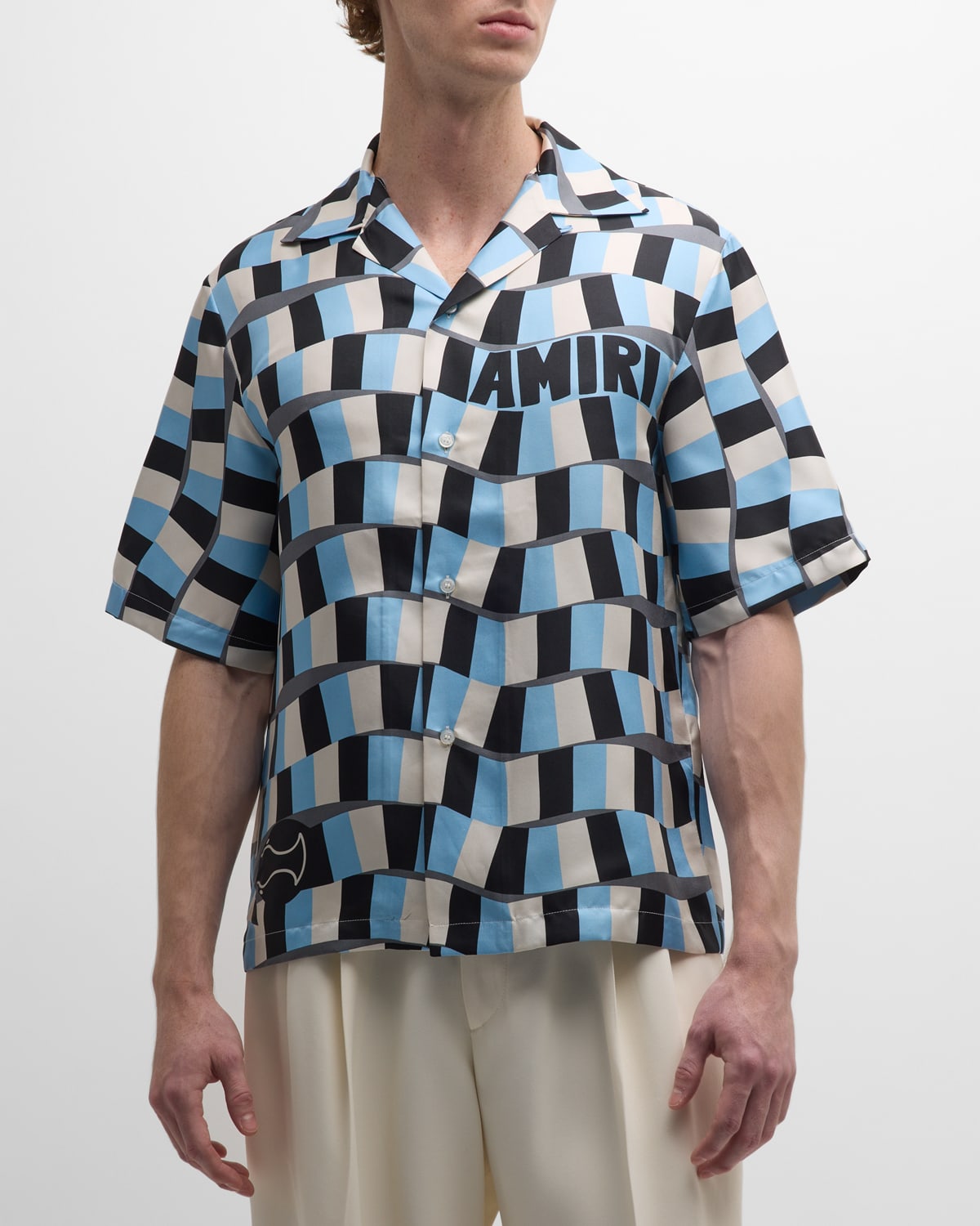 Amiri Men's Snake Checker Bowling Shirt In Air Blue